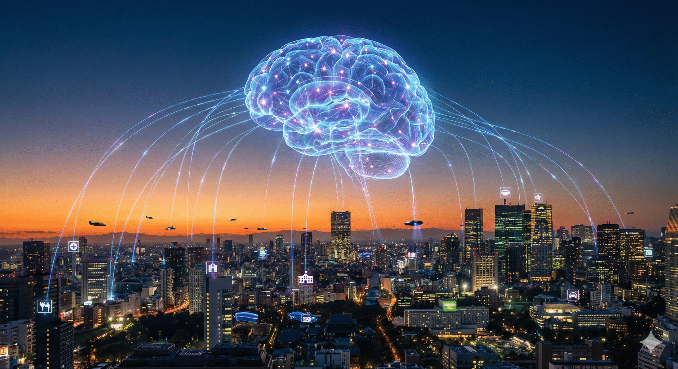 Futuristic city with digital brain hovering above it symbolizing AI advancement